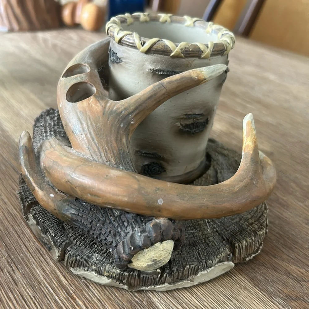 Deer antler toothbrush plate with cup holder and cup/candle holder